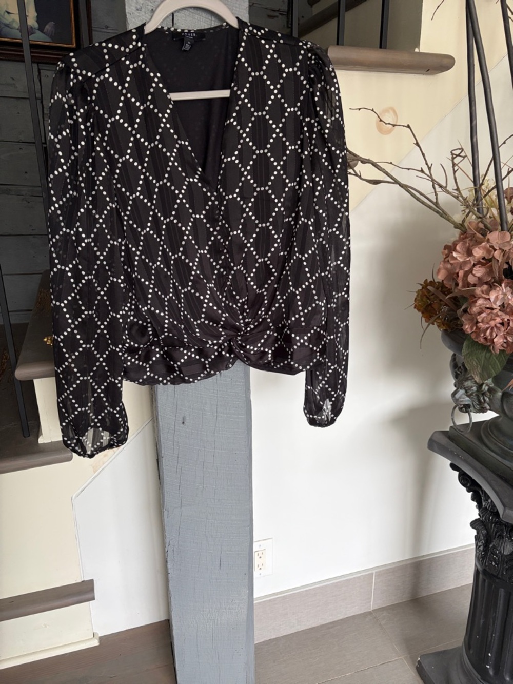 Black Twist-Front Long Sleeve Blouse with White Dot Lattice